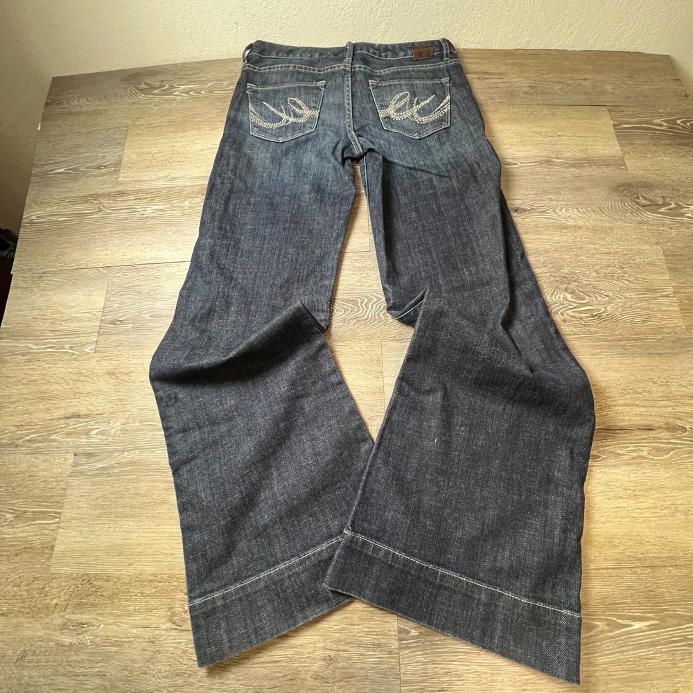 Express X2 Jeans Womens 6 Blue Wide Leg Rhinestone Pocket Y2K Dark Wash Denim